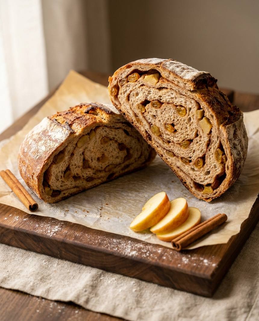 Apple cinnamon raisin sourdough loaf cut open showing golden raisins and apple in a cinnamon-swirled crumb