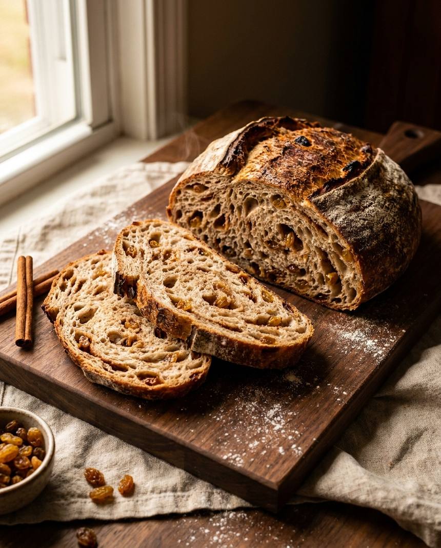 Cinnamon raisin sourdough loaf sliced open showing a cinnamon-marbled crumb packed with golden raisins