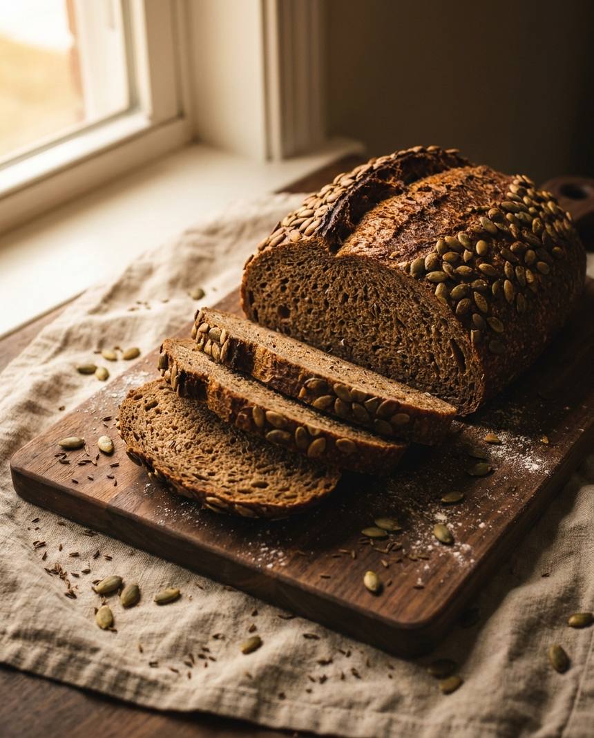 Seeded pumpkin and caraway rye sourdough loaf sliced to show a dense hearty crumb