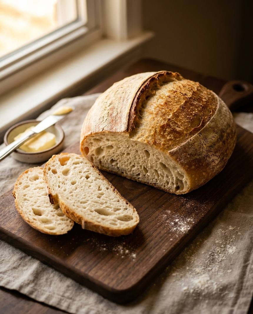 Classic white sourdough boule with a pale golden blistered crust and soft creamy open crumb