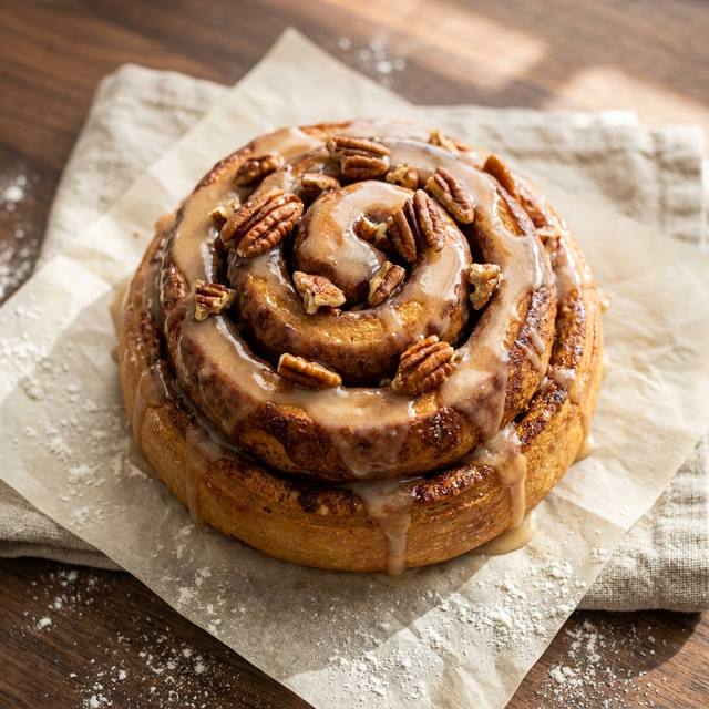 Sourdough cinnamon bun topped with toasted pecans and maple glaze