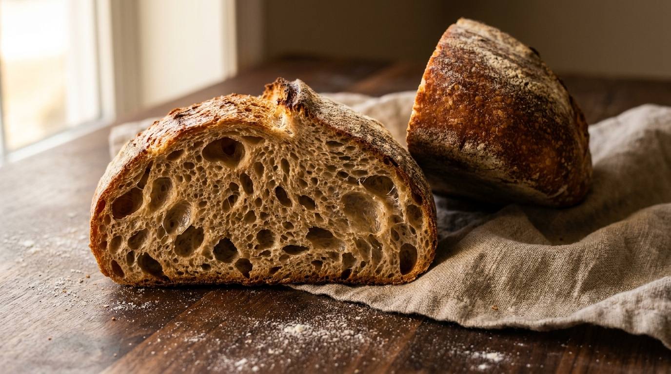 A sourdough loaf cut open showing an open irregular crumb with glossy translucent walls