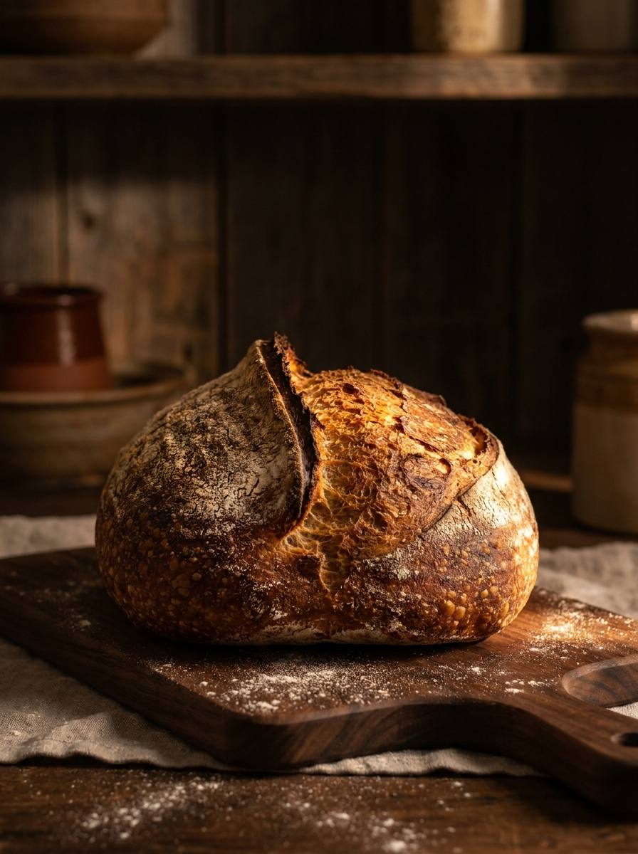 A round sourdough boule with a blistered mahogany crust and a high curling ear, lit by morning light